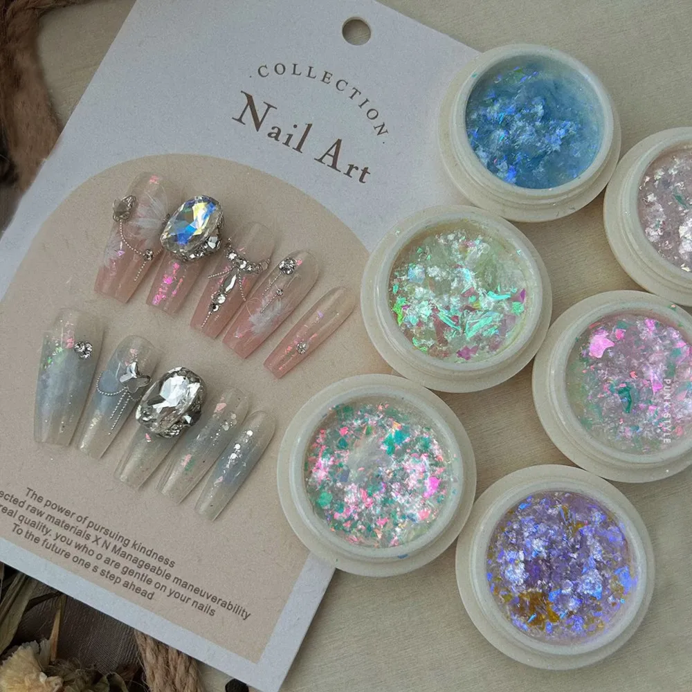 0,2g/Glas 6 Farben Aurora Opal Flocken Nagel Glitter funkelnden Blitz unregelmäßige Flocken Pailletten DIY Opal Pulver Maniküre Nagel dekoration