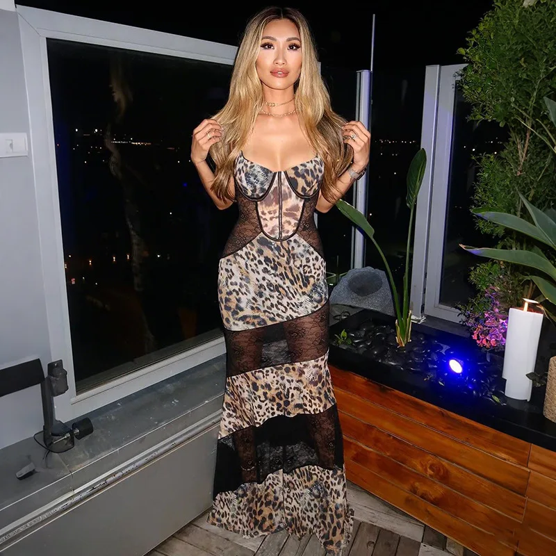 Cryptographic Sexy Wild Leopard Lace Patchwork Maxi Dress Bodycon Spaghetti Strap Floor-length Panelled Party Club Dates 2026New