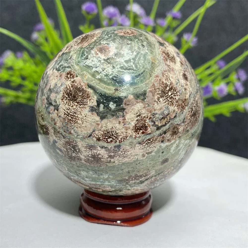Natural Green Cherry Blossom Agate Crystal Ball Original Mineral Specimen Spiritual Meditation Treatment Stone Yoga Exercise
