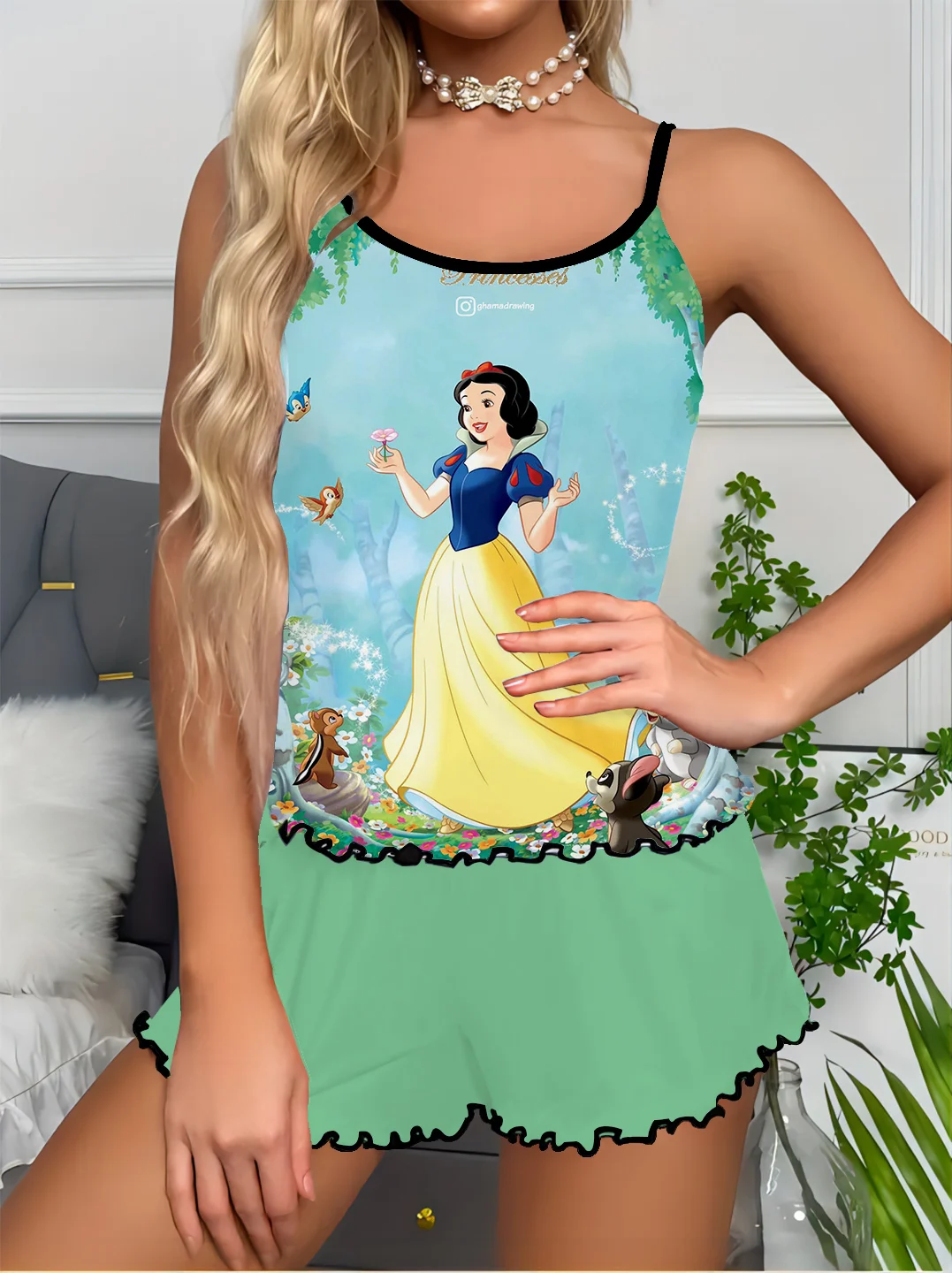 Disney Snow White Printed Girls Home Pajama Set Sportswear Suspender Top Short Sleeve Spring and Summer Slim Fit Sexy Satin Silk