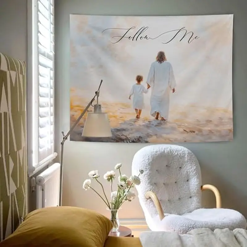 VIKAMA Follow Me Jesus Child Beach Hand Wall Tapestry Beige Watercolor Christian Religious Scripture Walking Sand Bedroom Living