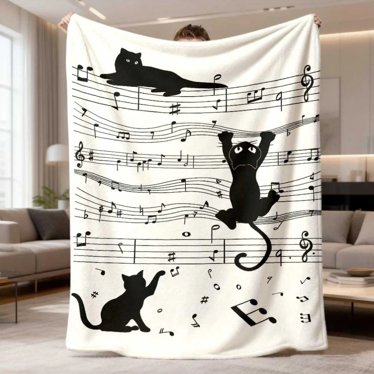 Black Cat Staff Musical Note Throw Blanket for Indoor Sofa Bed Office Daily Use Birthday Anniversary Music lover Meetup Gift