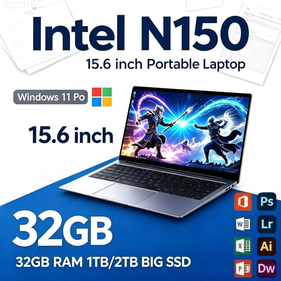 2026 Laptop Intel N150 Premium 15.6 Inch Slim Portable Office Study 16GB/32GB RAM Windows11 1/2TB Large SSD