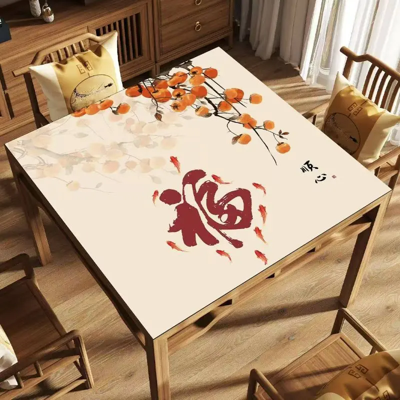 Square Mahjong Table Mat Chinese Blessing Character Persimmon Koi Print Non‑Slip Silent Foldable Game Pad for Home Desktop Decor