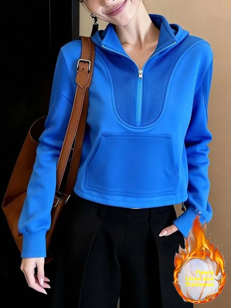 

Женская толстовка свободного кроя с длинными рукавами, модная повседневная одежда, зима 2026, на молнии, с воротником-стойкой, в стиле пэчворк, из смесового полиэстера