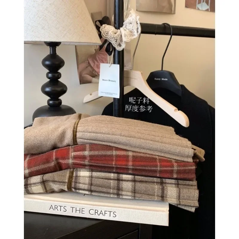 กระโปรงพลีททรงเอวสูง ผ้าวูลลายสก็อต สไตล์เรโทร สำหรับผู้หญิง ฤดูใบไม้ร่วงและฤดูหนาว