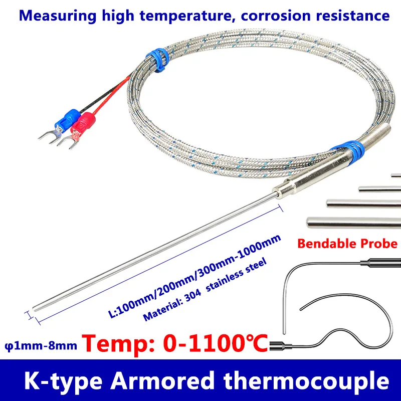 

1100 ℃ K-type armored thermocouple WRNK-191 temperature sensor 1mm 1.5mm 2mm 3mm 4mm 5mm 6mm 8mm thermocouple probe temperature