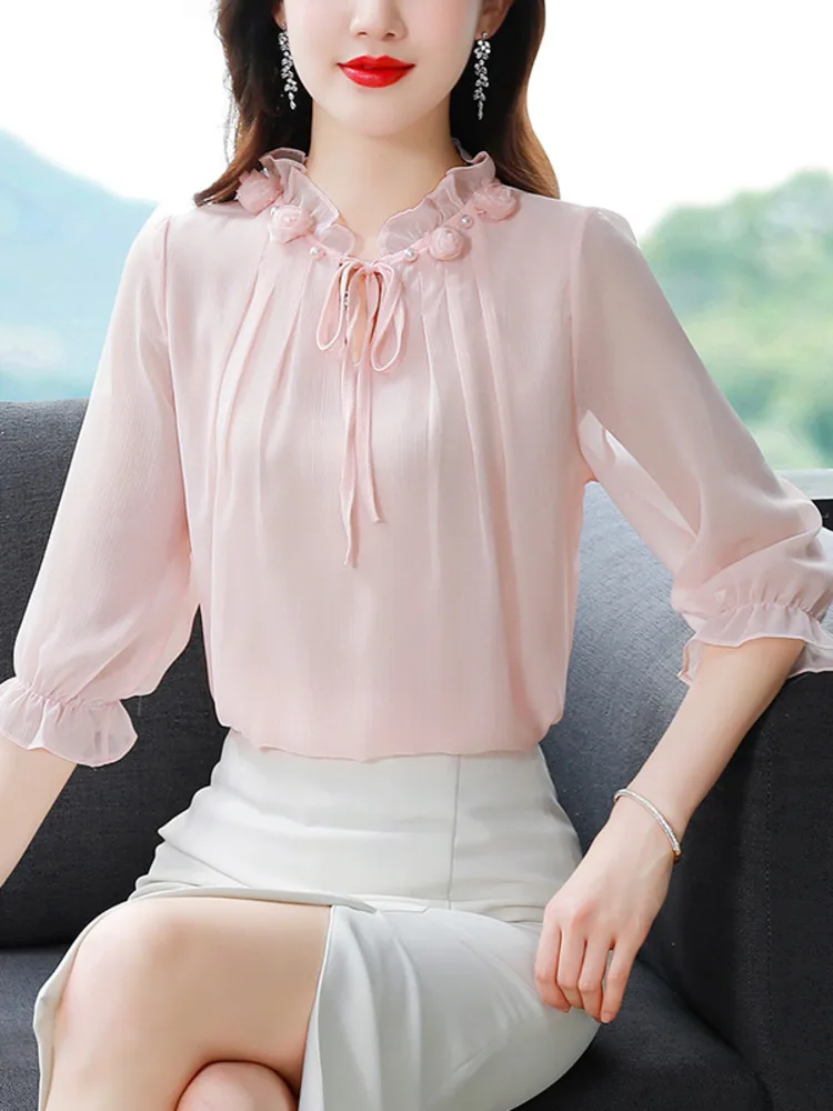 #2517 Pink White Green Chiffon Blouse Women Ruffled Collar Thin Vintage Sexy Womens Tops And Blouses Three Quarter Sleeve Summer