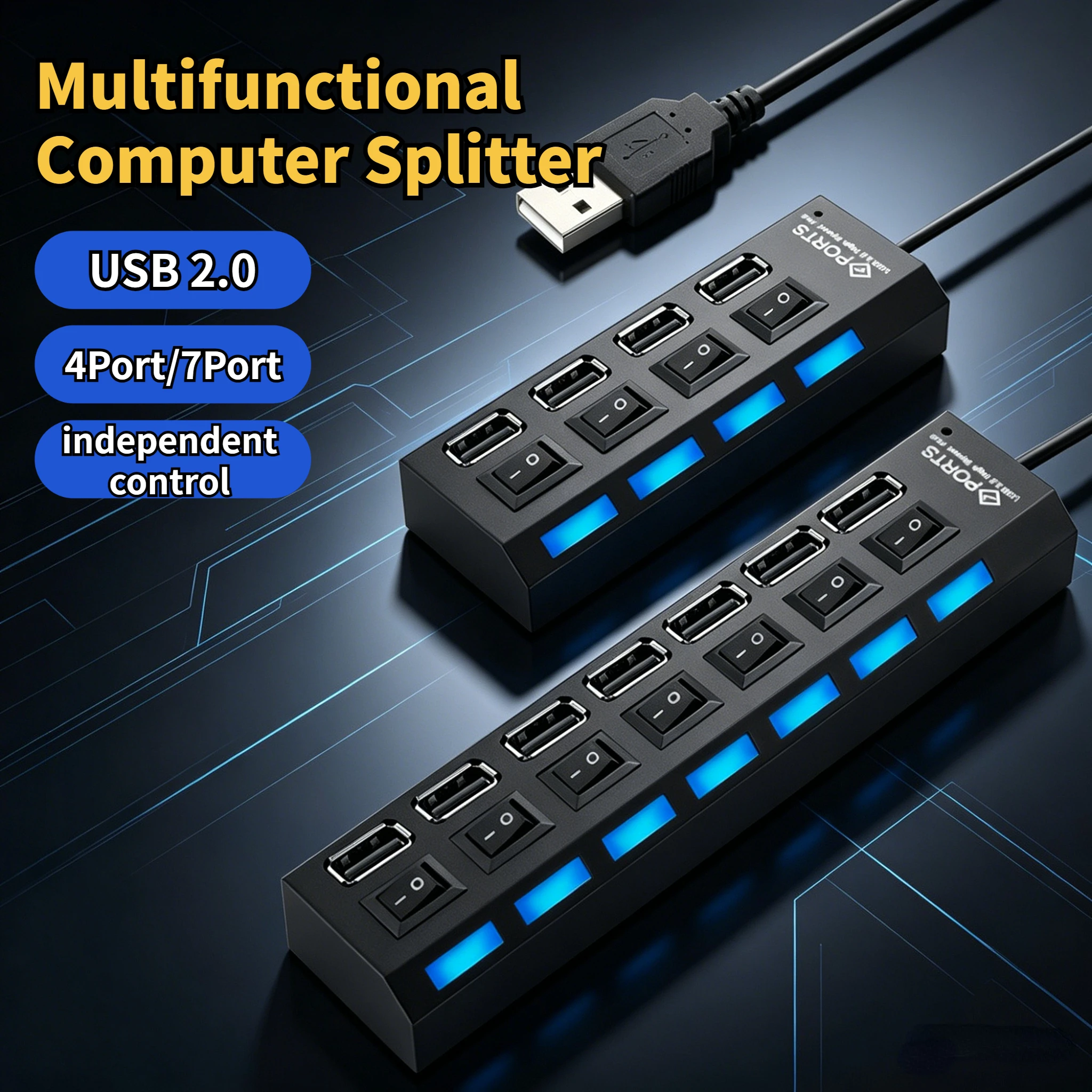 Adaptador USB HUB 2.0 de alta velocidad con 4/7 puertos, expansor multipuerto USB con interruptor de lámpara LED para PC y portátil