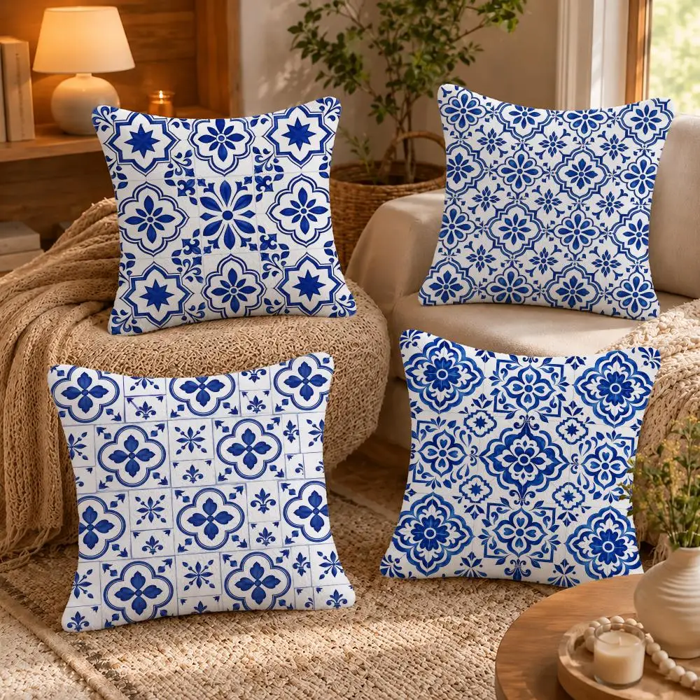 Azulejo Cushion Cover Short-Plush Cushion Cover Pillowcase — Suitable for Sofas Bedrooms and Home Decor