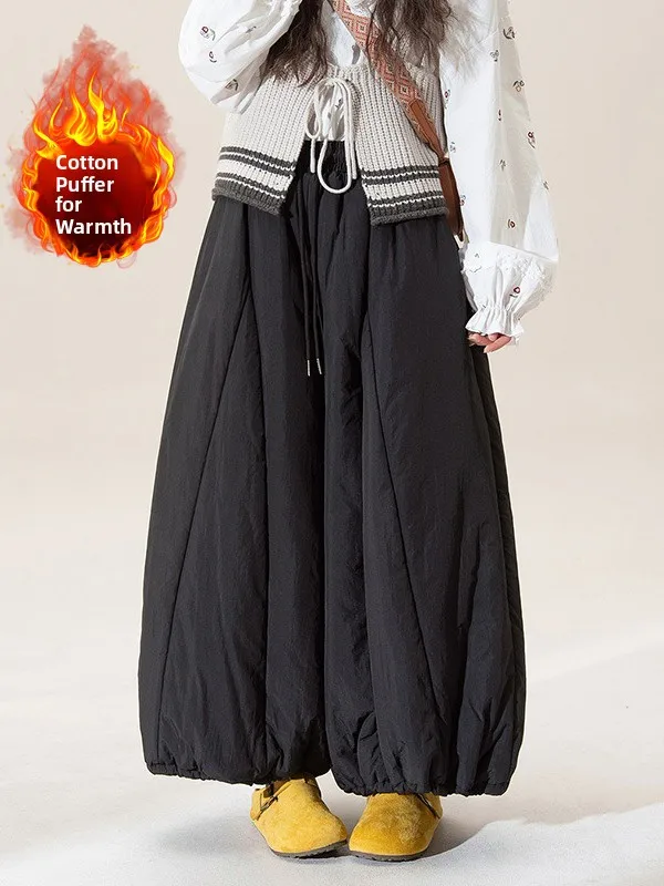 

Winter Thiened Cotton Wide Leg Pants Women's Loose Fit Casual Cotton Trousers High Waist Elastic Lantern Pants plus Size