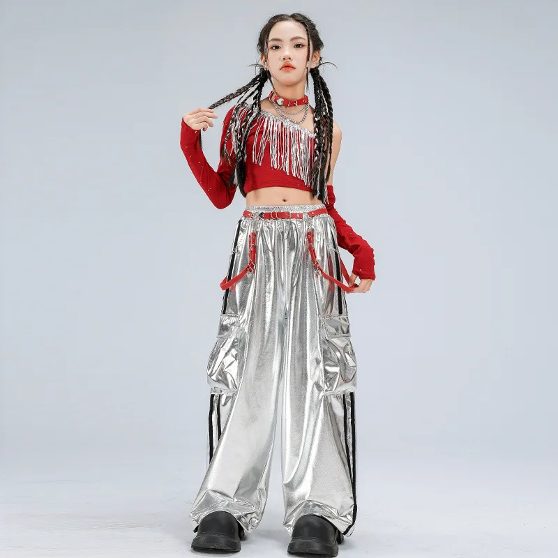 

Girls Hip Hop Red Crop Top Silver Pants Outfits Cool Streetwear Clothes Sets Group Street Dance Costumes Stage Performance Wear