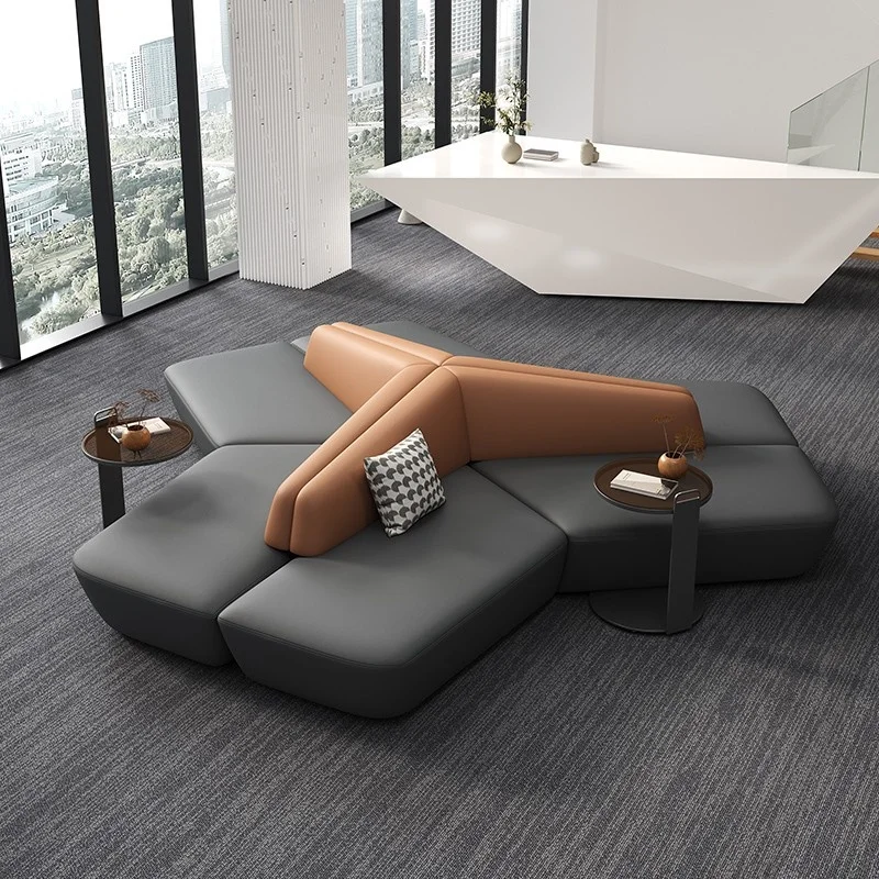 طقم أريكة فنية جلدية حديثة لمكتب المبيعات وردهة الفندق ومنطقة الراحة الخاصة بالبنك أو مساحة الانتظار #3