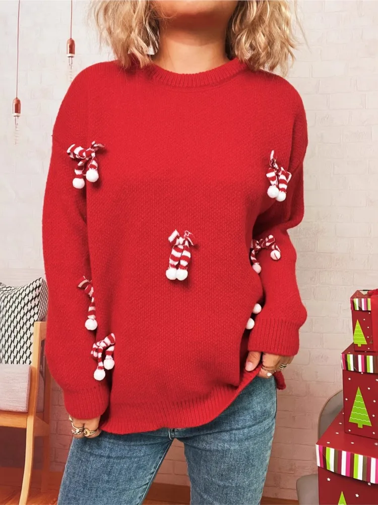 

Новый рождественский вязаный топ, женский повседневный теплый свитер с круглым вырезом и бантом, осенне-зимний универсальный трикотаж с длинными рукавами