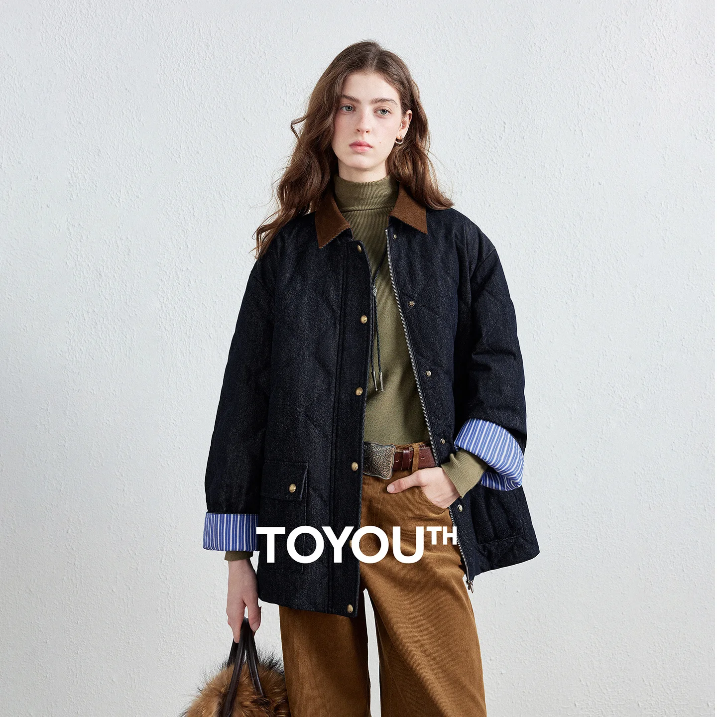 TOYOUTH Women Corduroy Collar Denim Down Jacket 2026 Winter New Color‑Contrast Folded Striped Sleeve Warm Coat