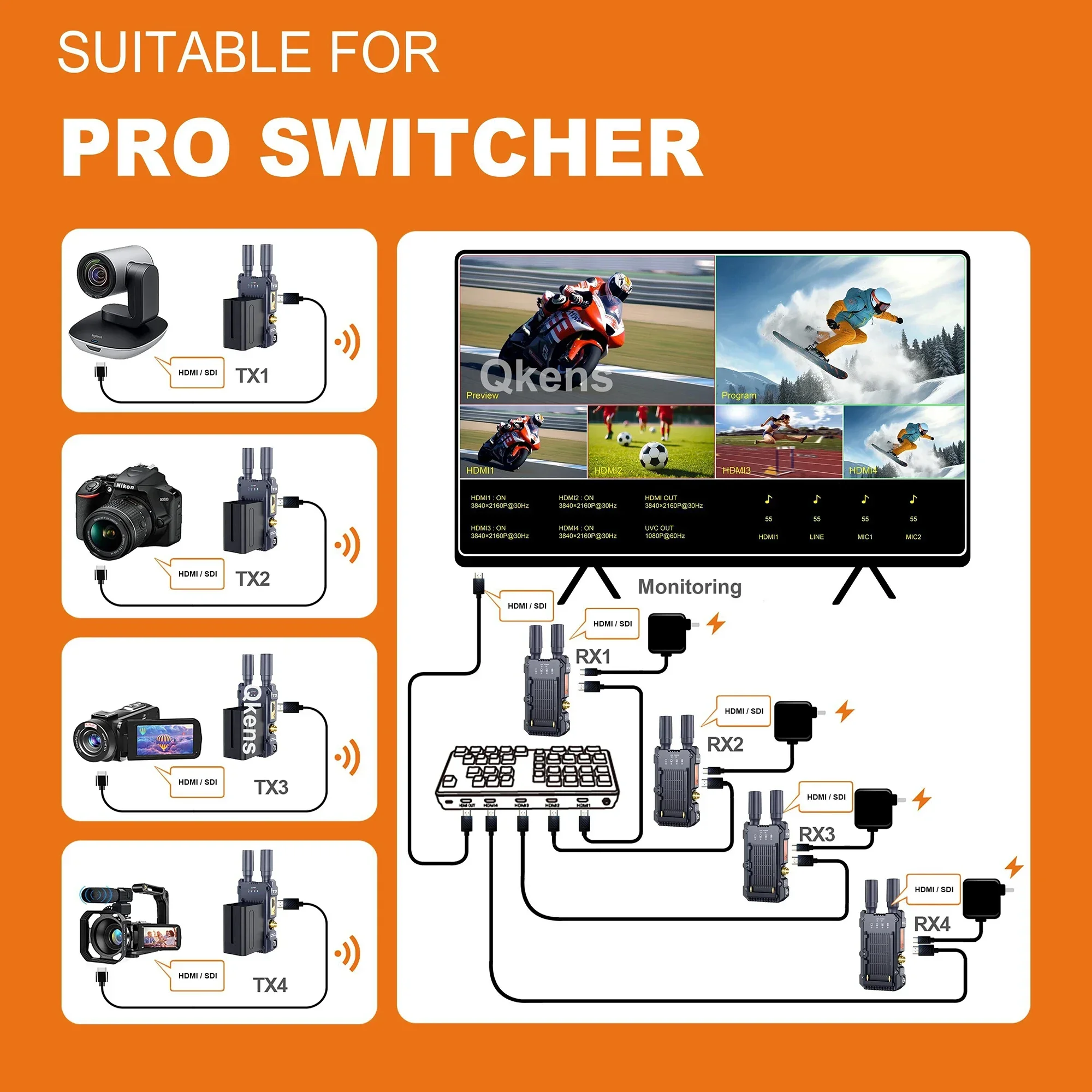 200 متر 4K لاسلكي HDMI جهاز ريسيفر استقبال وإرسال 1080p60 اللاسلكية SDI موسع عرض الفيديو محول 1 إلى 4 دعم بطارية الكاميرا 5G #5