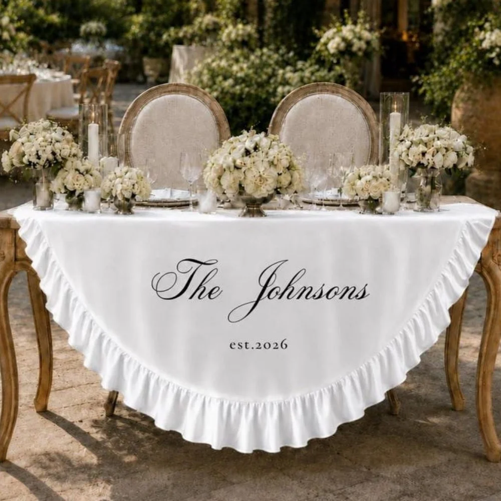 Personalized Custom Name DateSatin Wedding Tablecloth Ruffle Round Table Cover for Sweetheart Table Reception Party Decor Gift