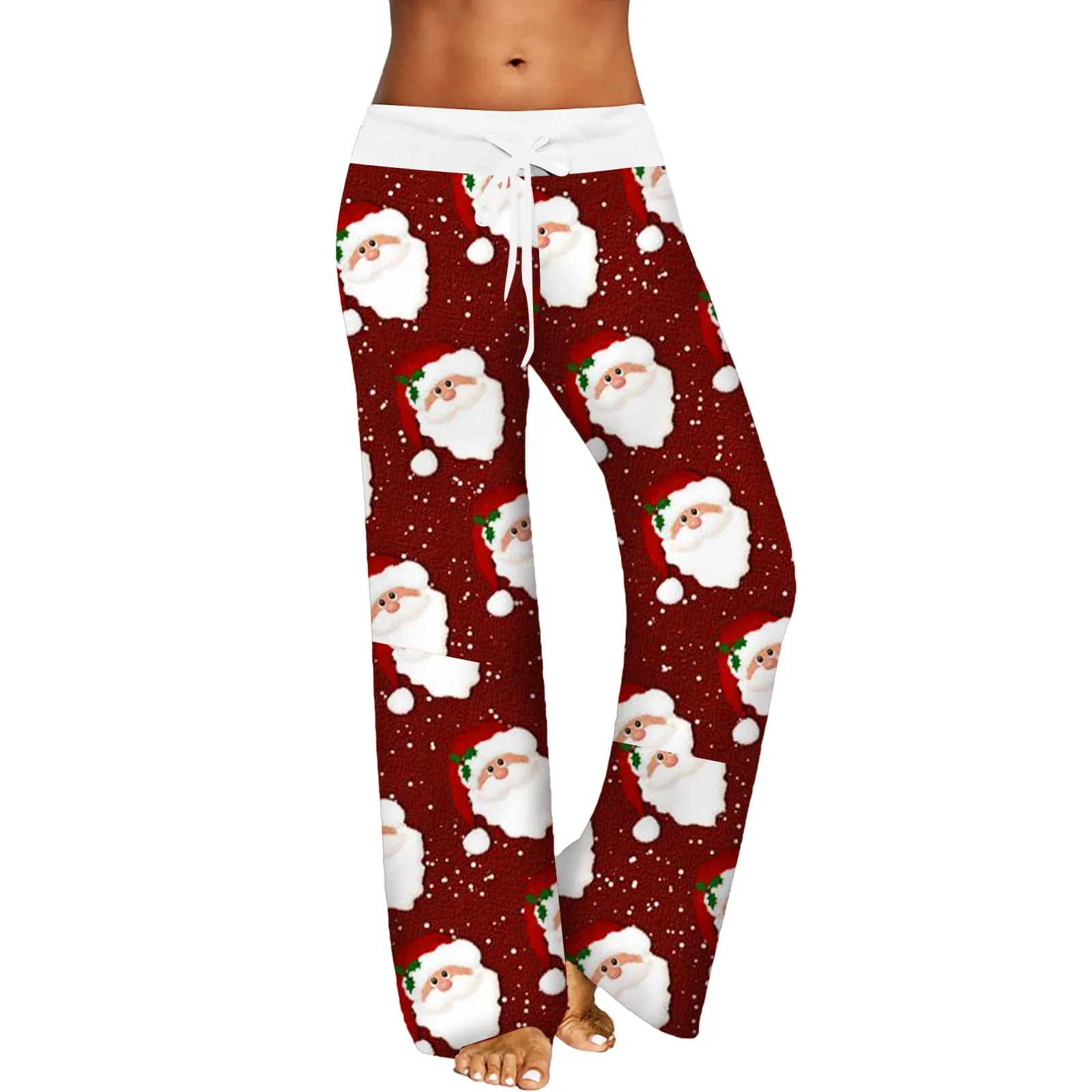 Women Christmas Pyjama Pants Drawstring Elk Xmas Sleepwear Snowflake Reindeer Print New Years Pajama Pants