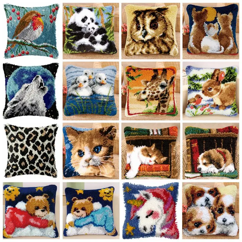 

Animals Bear Cat Rabbit Latch Hook Embroidery Pillow Knotted Stitch Embroidery Kit Hand Hooks Knitted Carpet Latch Hook Rug Kits