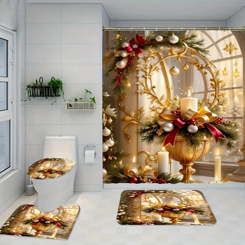 Christmas Themed Bathroom Set with Festive Candle and Wreath Design, Fade-Resistant Polyester Bath Ensemble Includes Machine Was