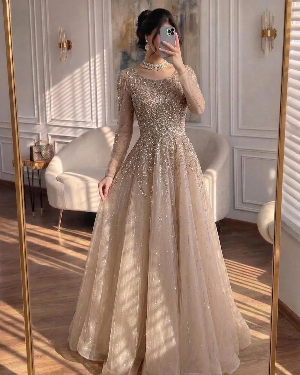 

Customized Exquisite Women Tulle Sequined Beading A-Line Evening Dresses Formal O-Neck Long Sleeves Floor Lenght Prom Dresses