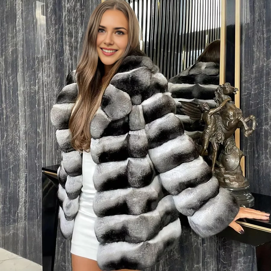 Natural Rex Rabbit Fur Coat Women New Winter Long Fur Jackets Chinchilla Fur Coat Hot Seller Real Fur Jacket