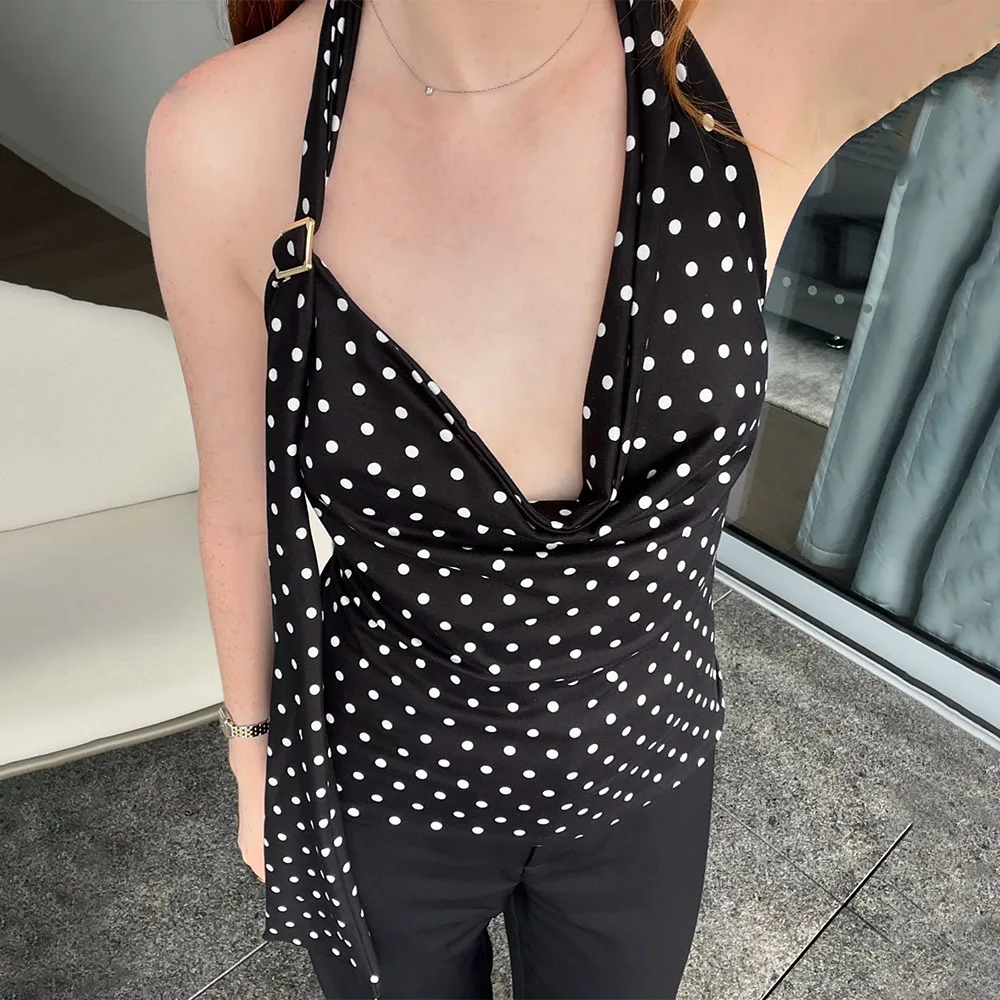 

Летние женские топы на бретельках с v-образным вырезом и бретелькой в горошек, сексуальная облегающая футболка с открытой спиной