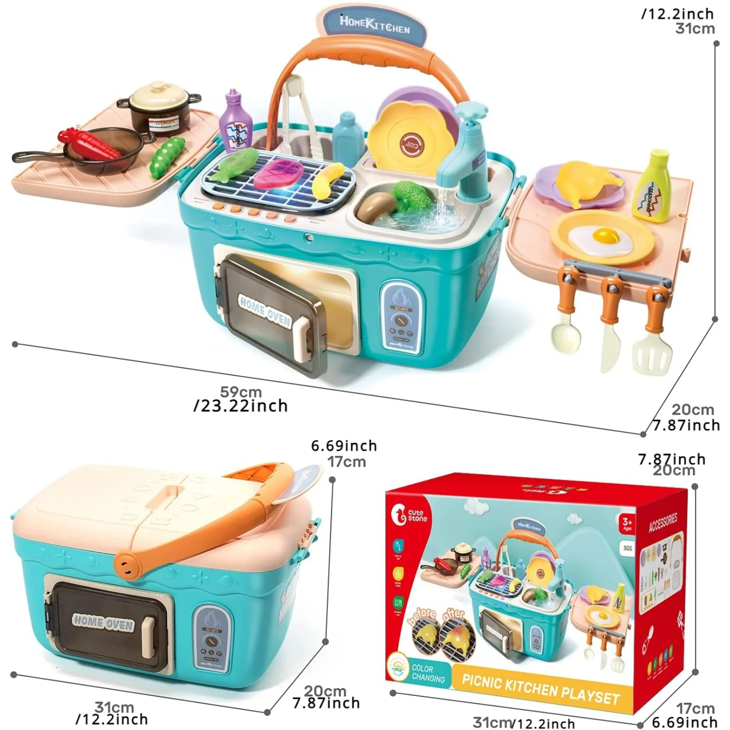 Kids Picnic Kitchen Playset Portable Pinic Basket with Musics & Lights Play Foods Sink Pretend Play Oven Toys for Boys and Girls