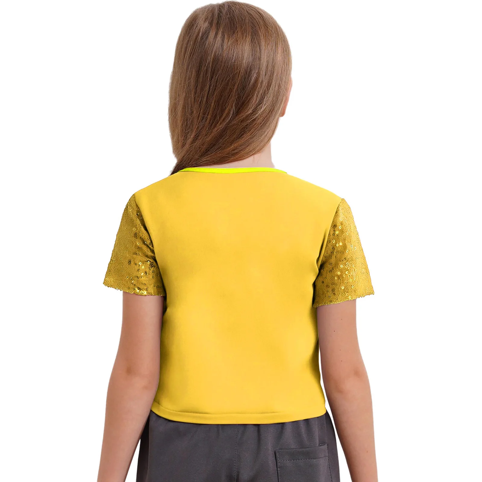 Dziecięce topy do tańca jazzowego z krótkim rękawem i błyszczącymi cekinami dla dziewczynek Hip-hopowe stroje sceniczne na imprezy taneczne