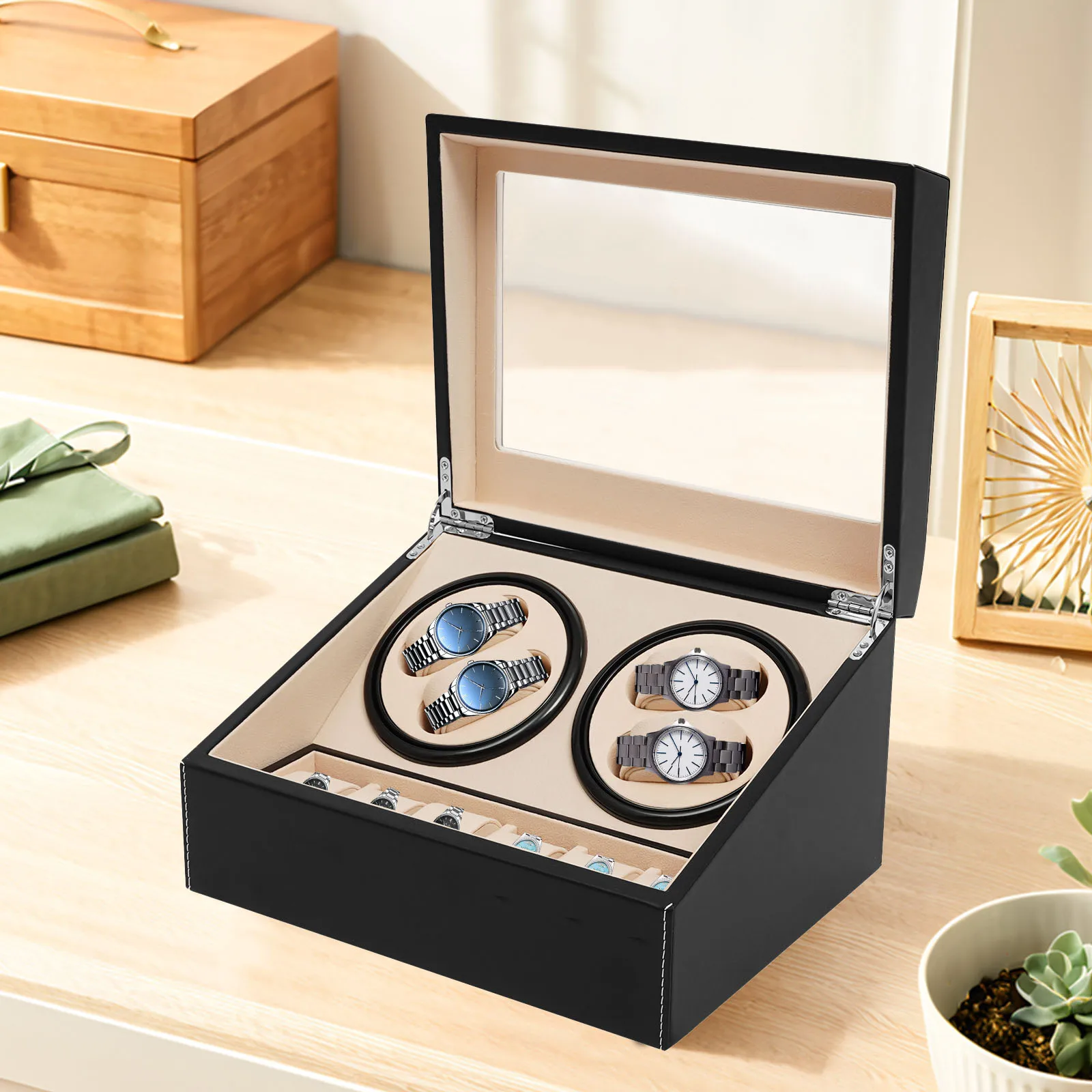 4 + 6 فتحات ماكينة لف ساعات أوتوماتيكية، علوية من جلد البولي يوريثان الزجاجي، صندوق عرض للساعة، حقيبة تخزين المجوهرات، بني/أسود #3