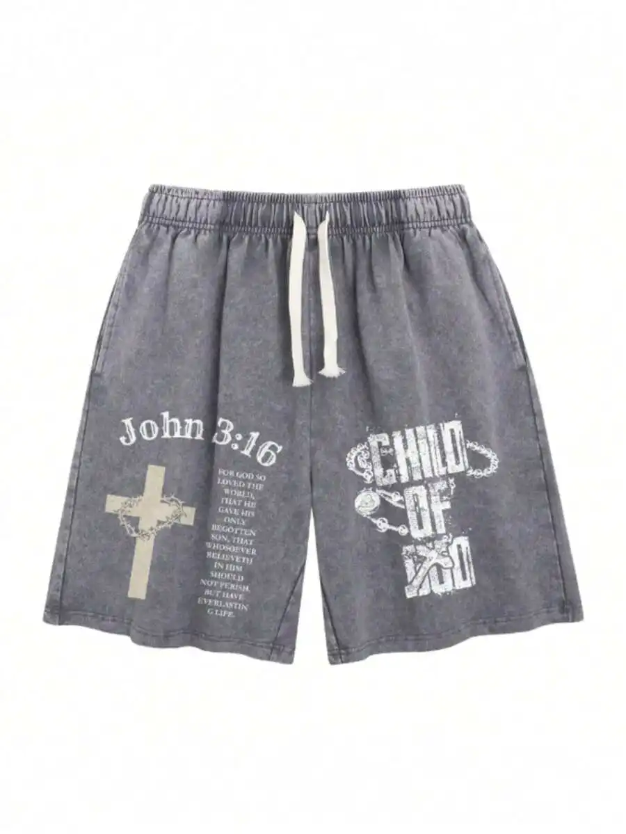 

Casual Drawstring Shorts With Cross And Bible Verse Print
