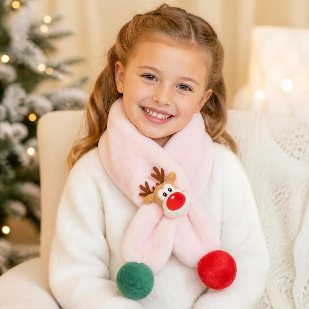 Cartoon Christmas Children Scarf Winter Deer Pattern Fleece Scarf Warm Cute Neck Wrap Outdoor