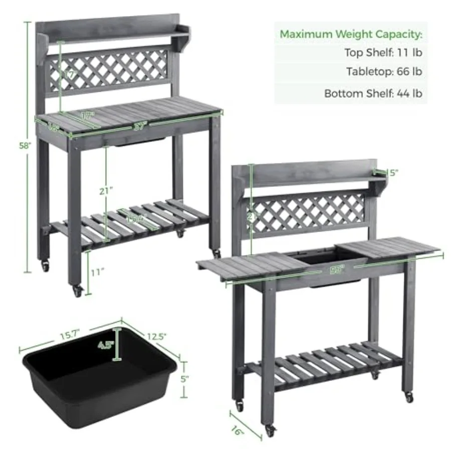 Outdoor Potting Bench with Sink, Garden Table, Lower Shelf, Gray
