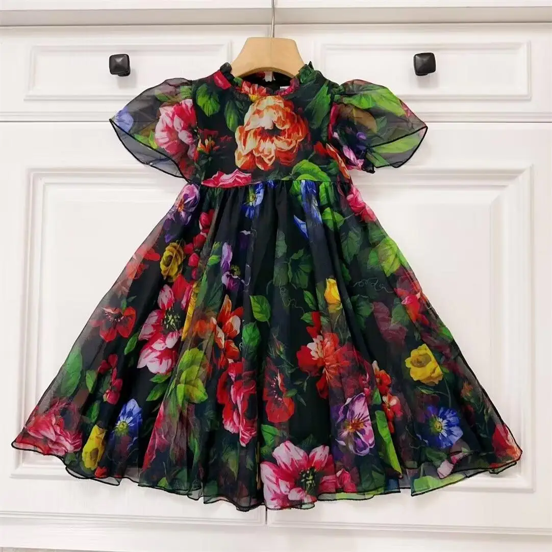 Brand black girl dress Cute short sleeved flower dress children's clothing baby girls summer princess dress