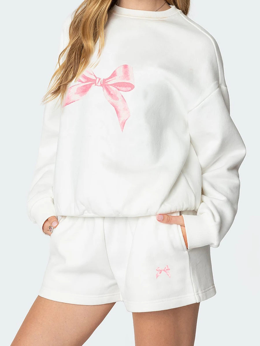 

Women 2-Piece Summer Outfits Bow Print Long Sleeves Sweatshirt and Elastic Shorts for Tracksuit Streetwear