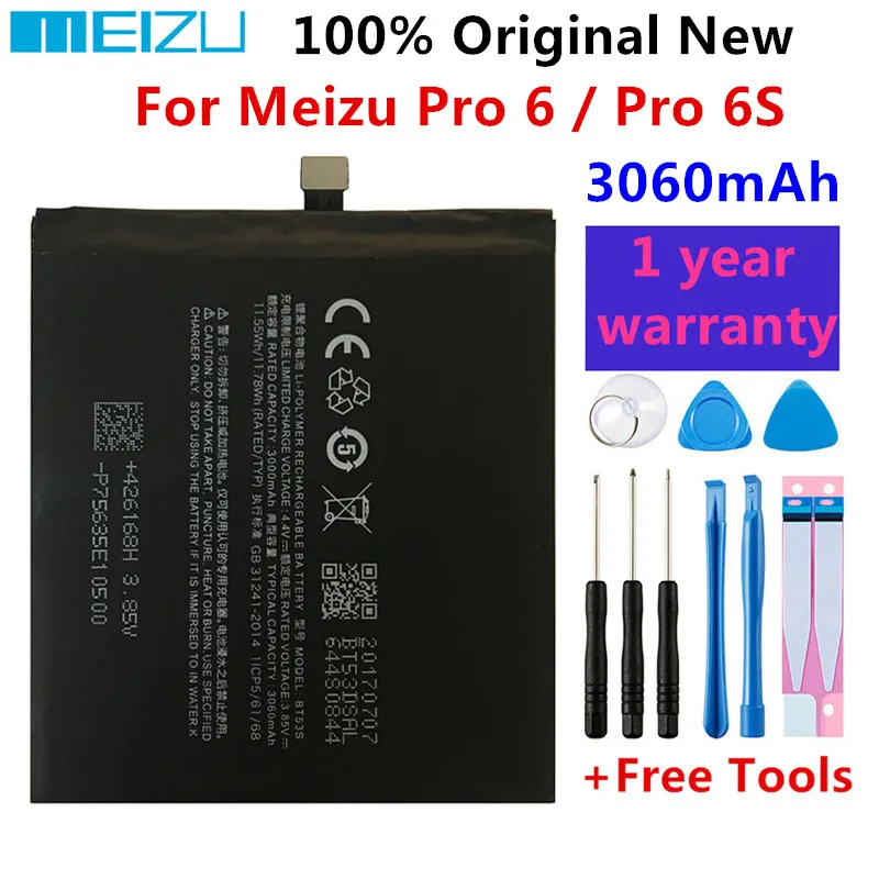 100% Original New For Meizu Pro 6 Battery 3000mAh Compatible Pro 6S Mobile Phone Batterie BT53 BT53S