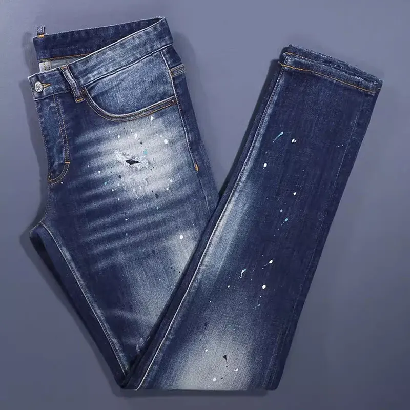 Men Dark‑Blue Horizontal Whisker Wash Dual‑Side Irregular Frayed Ripped White Paint‑Dot Distressed Stretch Skinny Denim Jeans Hi