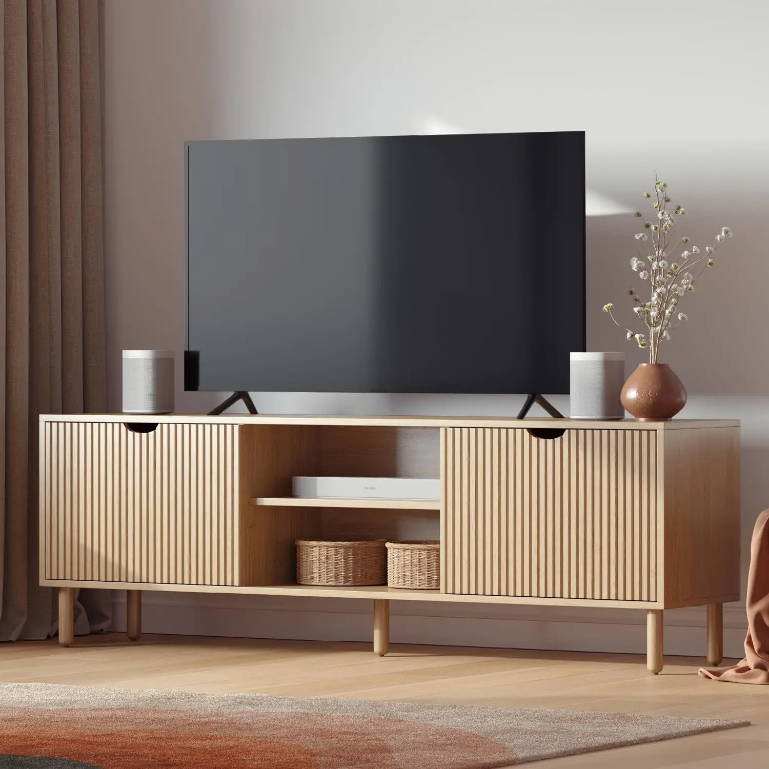 

Contemporary Fluted TV Stand - Media Console - 70 Inch Entertainment Center with Storage - Console Table for Living Room