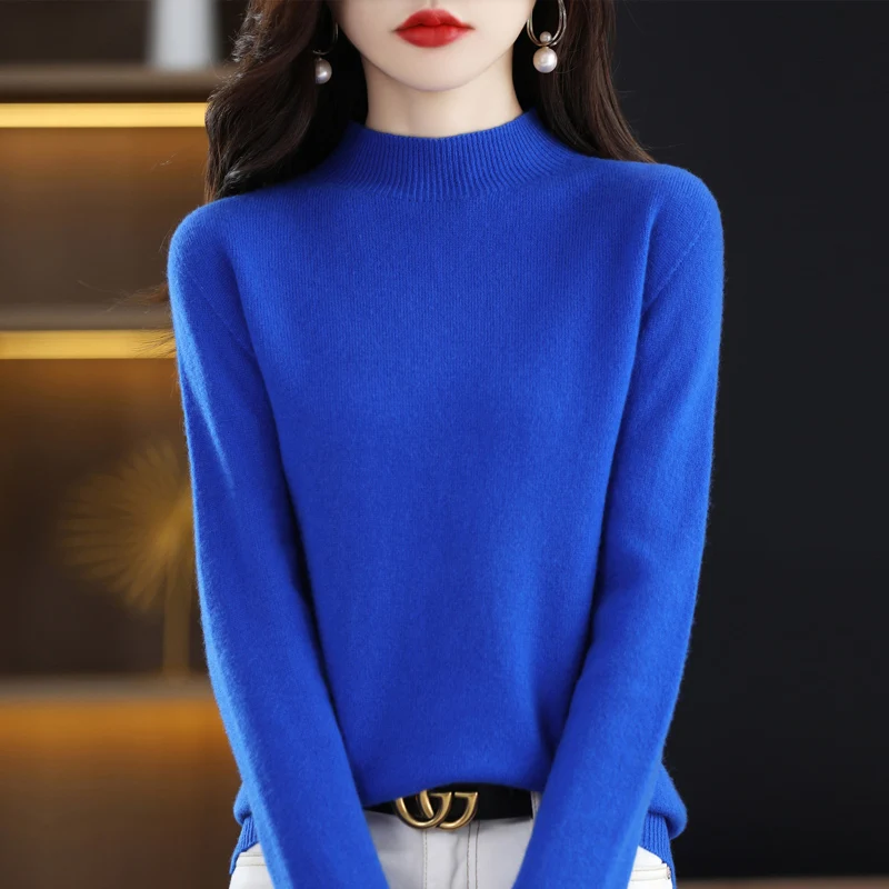 100% merino wool cashmere sweater women\'s sweater semi-high-necked long-sleeved pullover warm pullover in autumn and winter