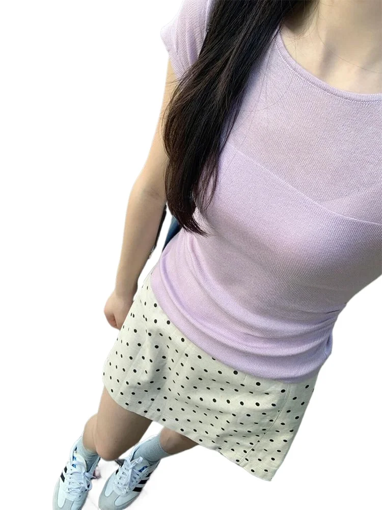 

Французский фиолетовый полый вязаный свитер из ледяного шелка + короткая юбка в горошек, летний милый комплект из двух предметов для женщин