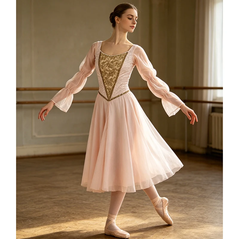 

Akeylia beige Pink Swan Lake Variations Ballet Dress Professional Long sleeve Ballet Costume competition performance JNBL104