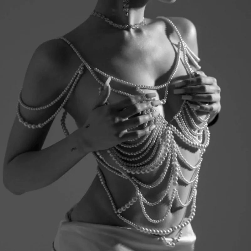 Women Body Jewelry Sexy Bikini multilayer Chest Chain Simulated Pearl Handmade Bra Chain Body Chain Night Club Birthday Party