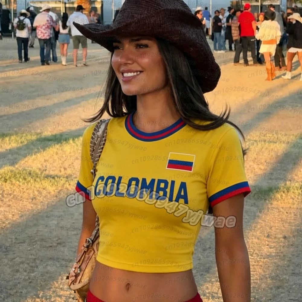 2026 Sommer Damen Kolumbien Fußball Cheerleader Fans Crop Top Trikot, Mädchen T-Shirt Damen Romantik Trikot, Kurzarm Damen T-Shirt