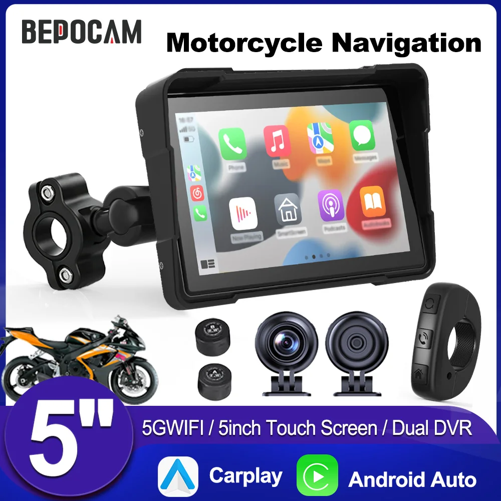 BEPOCAM 5'' Motorcycle Carplay Portable Navigation GPS Wireless Carplay Android Auto IP67 Waterproof Moto Touch Screen Display