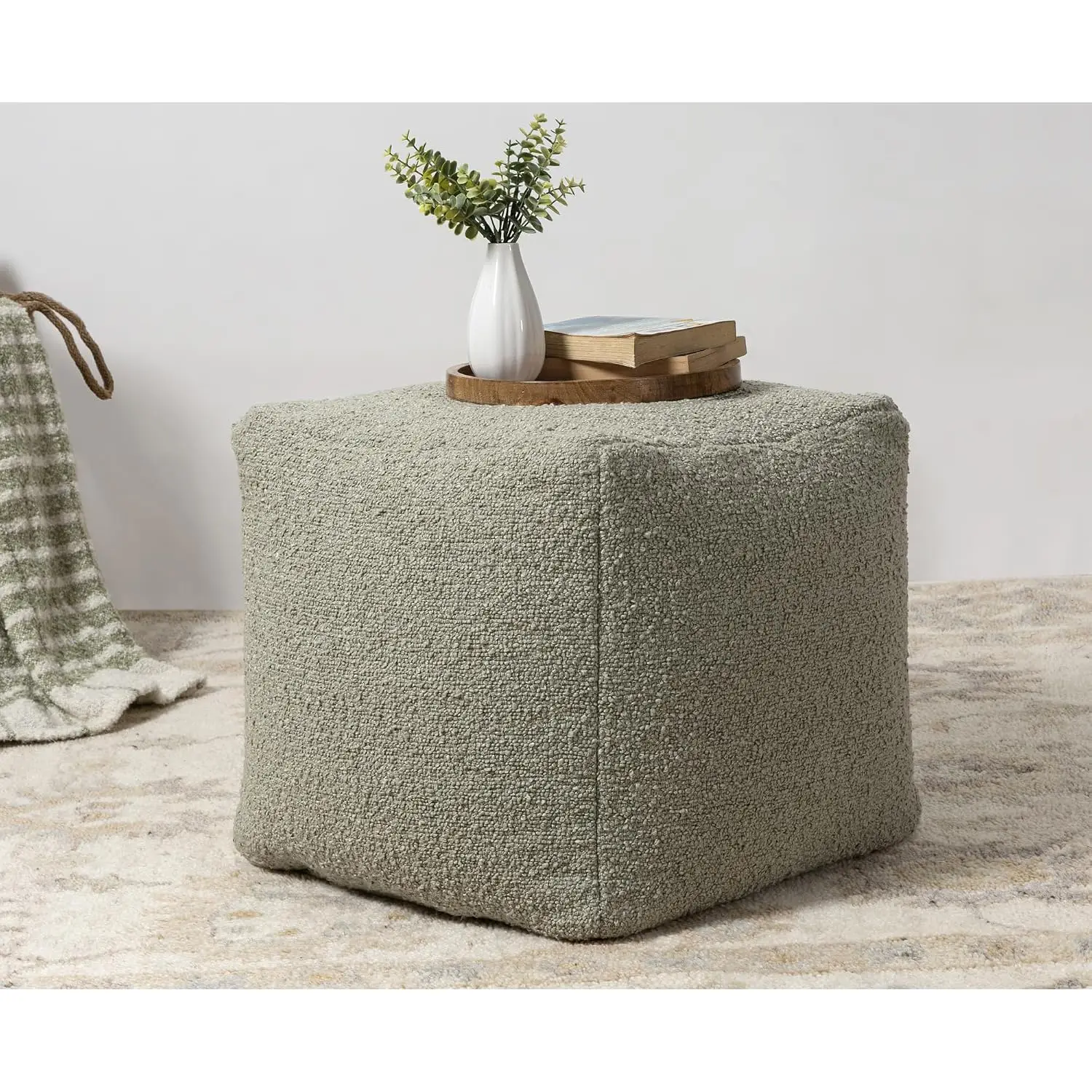 Contemporary Solid Boucle Indoor Pouf Ottoman Green Cube Living Room Bedroom Dorm Decor 18x18x18 Stuffed Seating, Customized