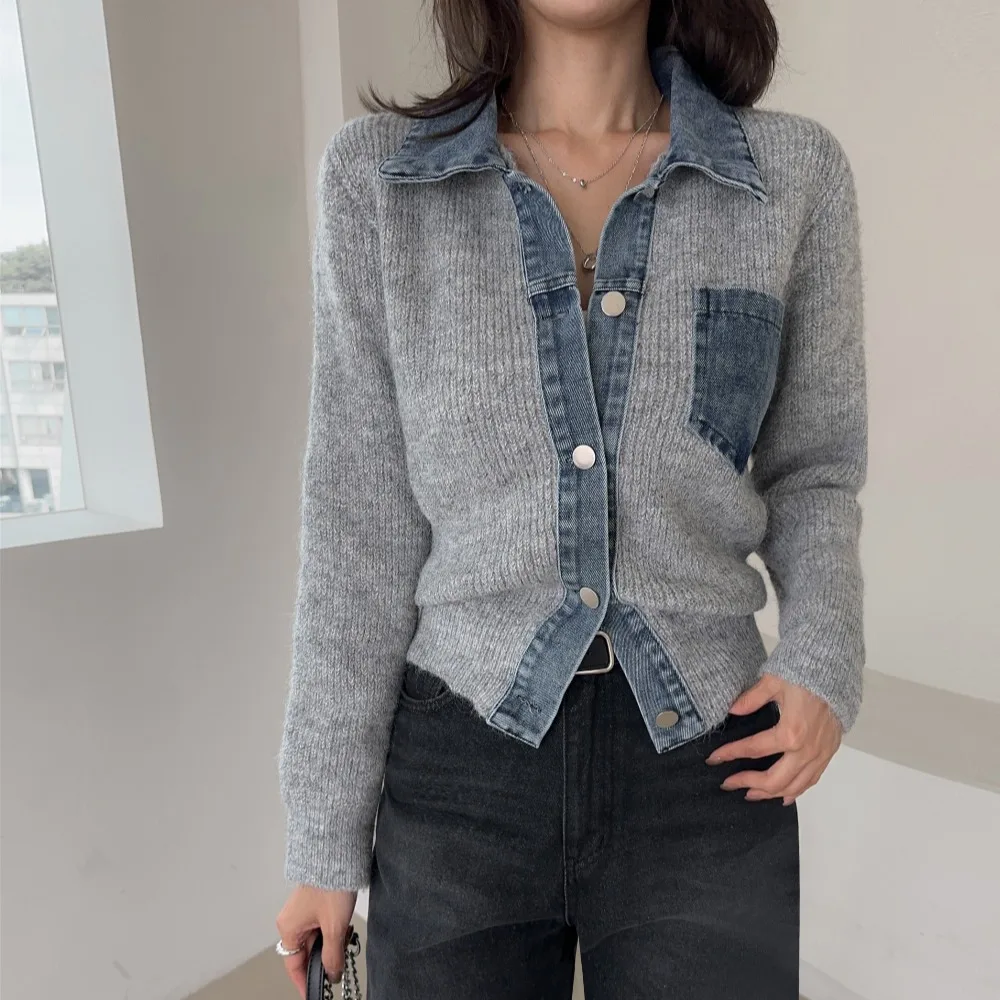 Oversized Knit Sweater Women Denim Patch Cardigan with Open Front Korean Style Wool Blend Top Y2K Casual Winter Pullover