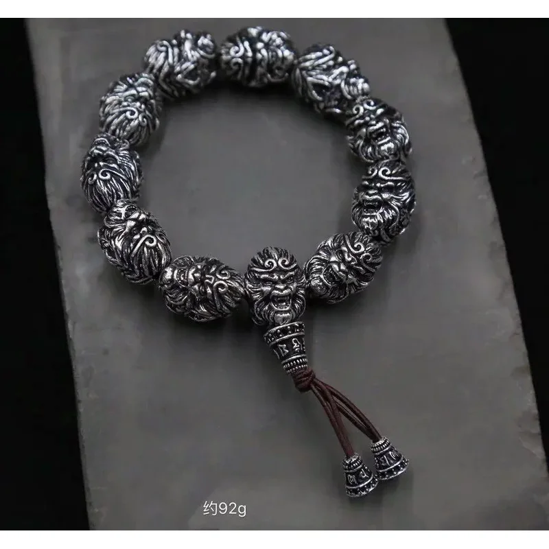 

Retro Domineering Men's Silver Bracelet Men's Silver-plated Buddha Beads Bracelet Monkey King Head Make Old Bangle Handstring