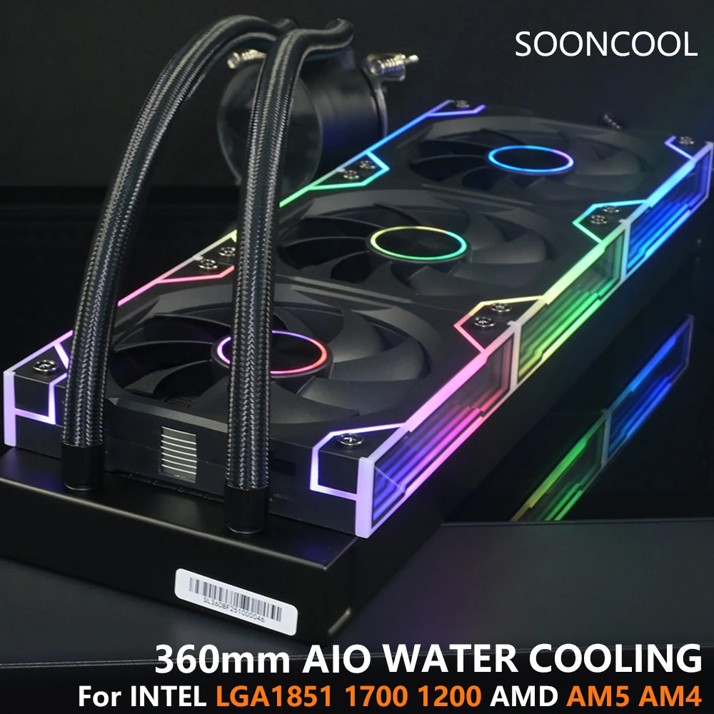 

SOONCOOL 360 мм водяное охлаждение «все в одном» жидкостный охладитель для LGA1851 1700 1200 ARGB процессор водяного охлаждения для AM5 AM4 2000 об/мин