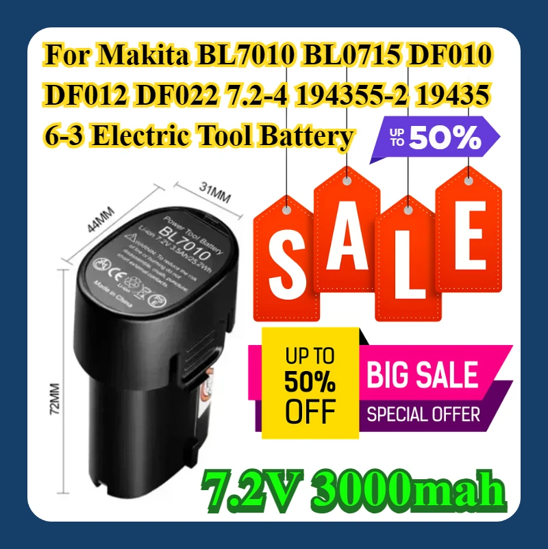 

Для Makita BL7010 BL0715 DF010 DF012 DF022 7,2-4 194355-2 194356-3 аккумулятор для электроинструмента 7,2 В 3000 мАч