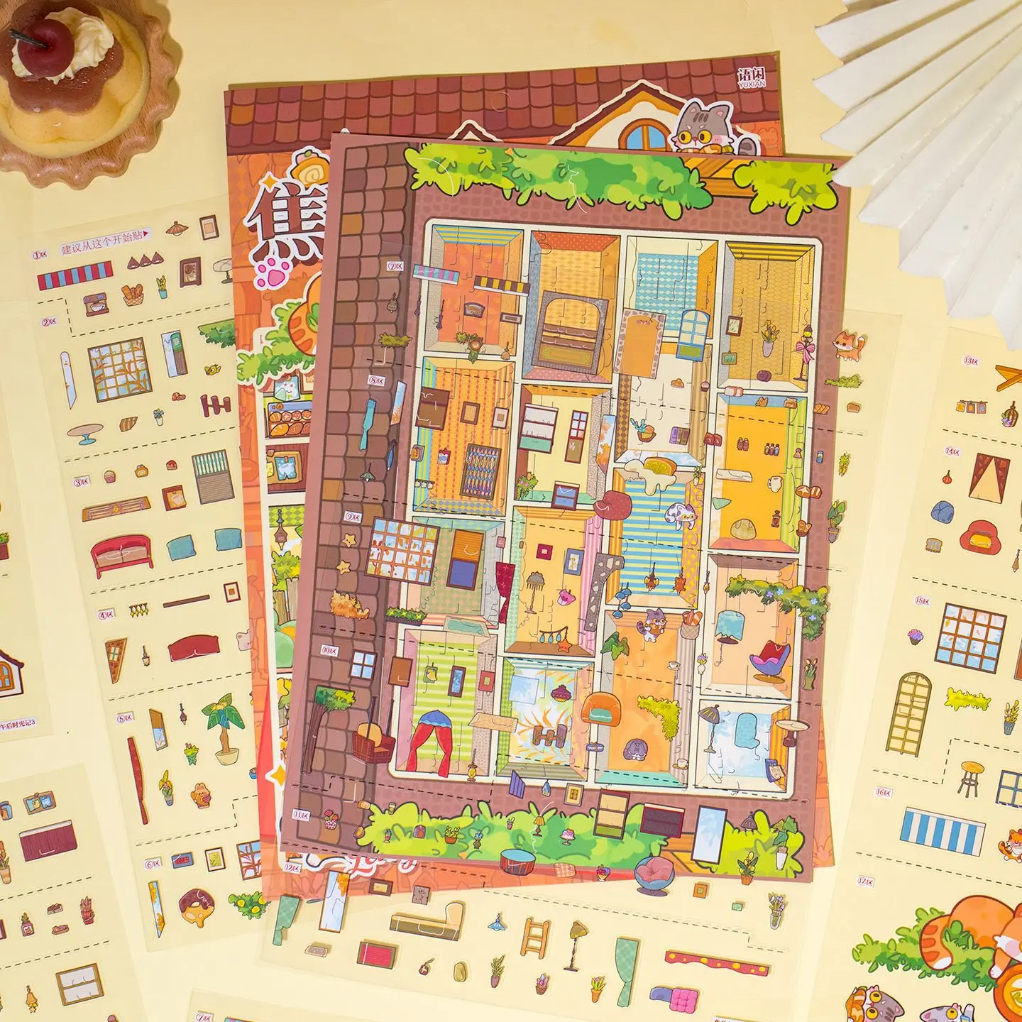 3D scene stickers, burnt salt, afternoon memories, cute cats, mini houses, transparent PET layered stickers, DIY scrapbooks, mag